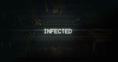 Image of interference over infected text, data processing and computer circuit board. global...
