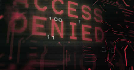 Image of interference over access denied text, data processing and computer circuit board. global technology, computing and digital interface concept digitally generated image.の写真素材