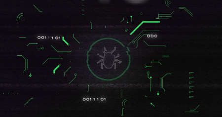 Image of interference over bug icon , data processing and computer circuit board. global technology, computing and digital interface concept digitally generated image.の写真素材