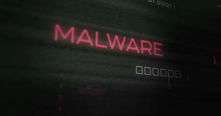 Image of interference over malware text, data processing and computer circuit board. global...