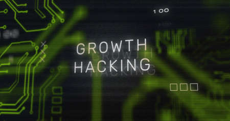 Image of interference over growth hacking text, data processing and computer circuit board. global technology, computing and digital interface concept digitally generated image.の写真素材