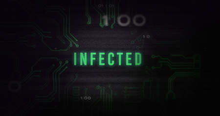 Image of interference over infected text, data processing and computer circuit board. global technology, computing and digital interface concept digitally generated image.の写真素材