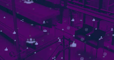 Image of moving icons over office. business, networking, connections, technology and digital...