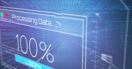 Image of data processing on blue background. global social media, connections and digital interface...