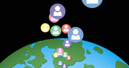 Image of icons with users floating over globe. global networks, connections, social media and...