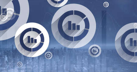 Image of network of connections with icons over cityscape. business, networking, connections,...