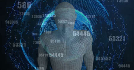 Multiple changing numbers and male human body model against globe of network of connections. global...