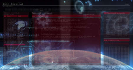 Digital interface with data processing against globe on blue background. global networking and...
