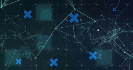 Abstract shapes and grid network over network of connections against clouds in the sky. global...