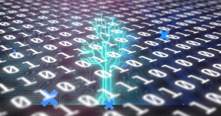 Abstract shapes and network of digital icons against binary coding data processing. global networking and technology conceptの写真素材