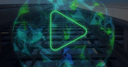 Image of network of connections and globe over cityscape. business, networking, connections,...