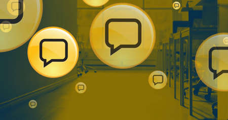 Image of moving icons over office. business, networking, connections, technology and digital interface concept digitally generated image.の写真素材