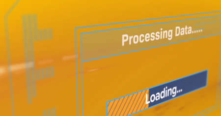Image of data processing on orange background. global social media, connections and digital interface concept digitally generated image.の写真素材