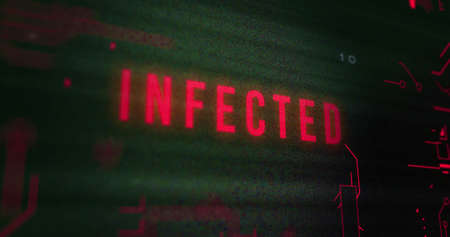 Image of interference over infected text, data processing and computer circuit board. global technology, computing and digital interface concept digitally generated image.の写真素材