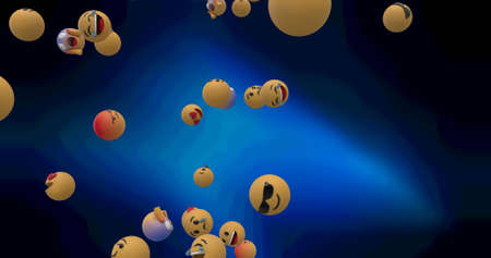 Image of multiple emojis falling over dark background. social media and communication concept digitally generated image.の写真素材