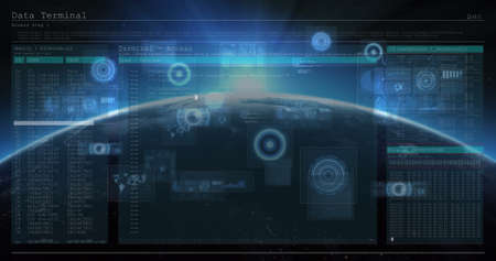 Digital interface with data processing against globe on blue background. global networking and...