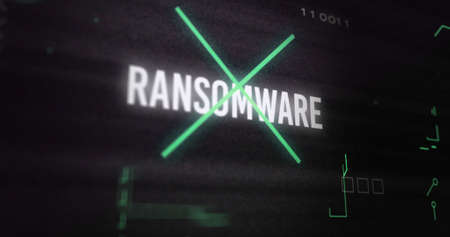 Image of interference over ransomware text, data processing and computer circuit board. global...