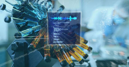 Image of scope scanning and data processing over scientific laboratory. digital interface, global...