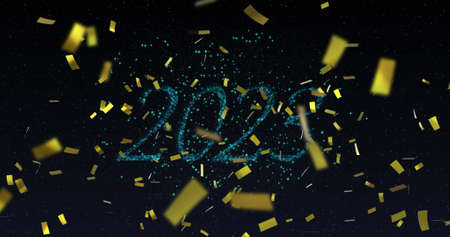 Image of 2023 text in blue with blue new year fireworks and gold confetti in night sky. new year, celebration, party and tradition concept digitally generated image.の写真素材
