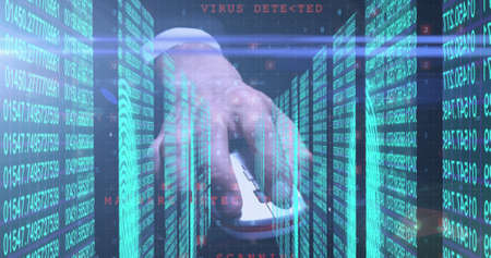 Image of a room made of screens showing lines of blue numbers, data processing over Caucasian...