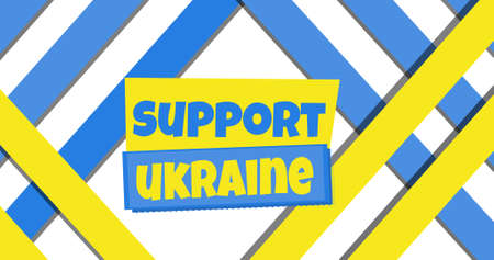 Image of support ukraine text over blue and yellow stripes. ukraine crisis and international politics concept digitally generated image.の写真素材