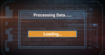 Image of data processing over brick wall. global social media, connections and digital interface...
