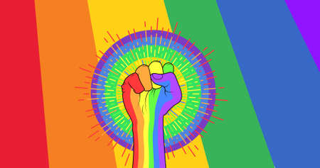 Image of rainbow fist on colourful background. pride month and celebration concept digitally generated image.の写真素材