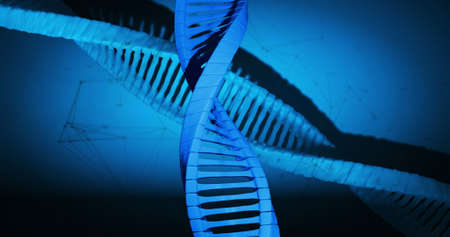 Image of macro of blue 3d dna strand spinning. science and research concept digitally generated...