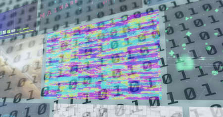 Image of binary coding and data processing on screens. global connections, data processing and digital interface concept digitally generated image.の写真素材