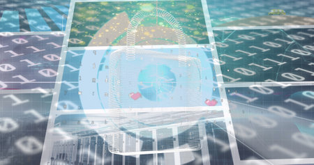Image of networks of connections, online security padlock and data processing on screens. global connections, data processing and digital interface concept digitally generated image.の写真素材