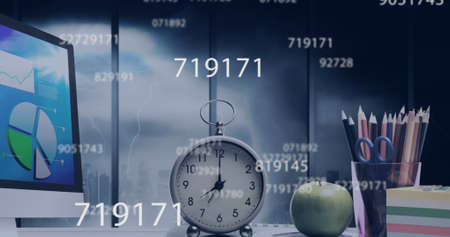 Image of growing numbers over school items in class. education and learning concept digitally...