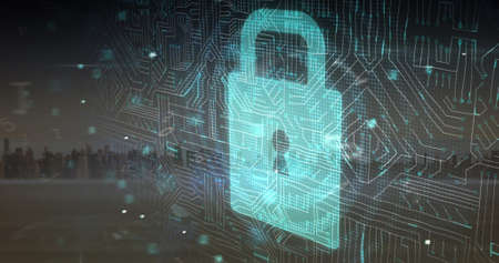 Image of security padlock over cityscape. online security, cyber crime and data processing concept digitally generated image.の写真素材