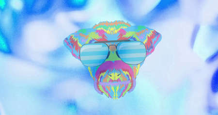 Image of rainbow dog in glasses on blue background. lgbt rights and equality concept digitally generated image.の写真素材