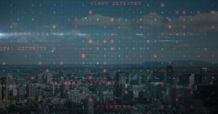 Image of cyber crime text over cityscape. online security, cyber crime and data processing concept digitally generated image.の写真素材