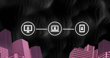 Image of network of connections and icons cityscape. online security, cyber crime and data processing concept digitally generated image.の写真素材