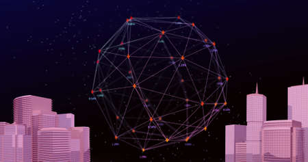 Image of network of connections and icons cityscape. online security, cyber crime and data processing concept digitally generated image.の写真素材