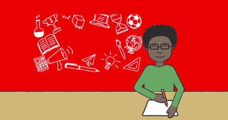 Image of schoolboy taking notes over school items icons on red background. school, education and...