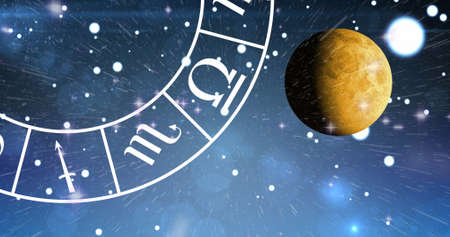 Digital image of planet and spiral symbols of the zodiac signs in space. horoscope and astrology conceptの写真素材