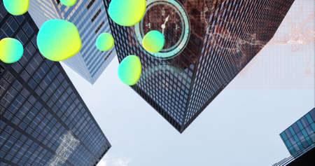 Image of moving clock, green stains and digital brain over cityscape. global business, data...