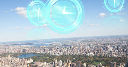 Image of moving clocks over cityscape. global business, data processing and digital interface concept digitally generated image.の写真素材