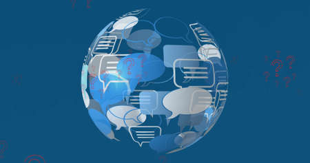 Image of question marks and speech bubble forming globe on blue background. social media and...