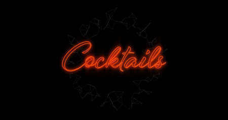 Digital image of neon orange cocktails text sign against black background. nightlife and bar party conceptの写真素材