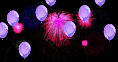 Image of lilac balloons with colourful christmas and new year fireworks exploding in night sky. christmas, new year, celebration, party and tradition concept digitally generated image.の写真素材