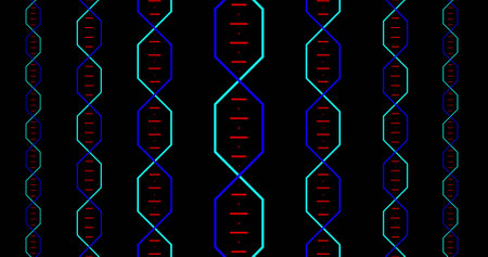 Image of colorful dna rotating on black background. colour, pattern, science and movement concept...