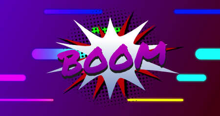 Image of boom text over colorful lines on purple background. social media and communication interface concept digitally generated image.の写真素材