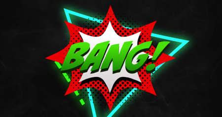 Image of bang text over neon triangles on black background. social media and communication interface concept digitally generated image.の写真素材