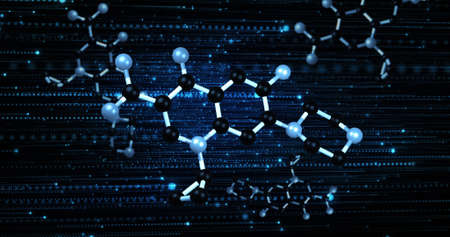 Image of molecules rotating on blue and black background. science, chemistry and biology concept...