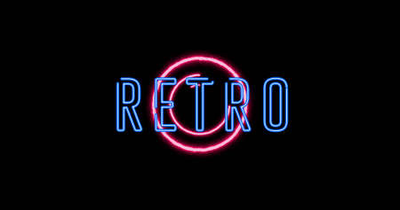 Image of neon retro text over black background. retro, communication and entertainment concept digitally generated image.の写真素材