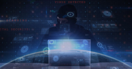 Image of cyber attack warning over scopes scanning and hacker. global internet security, cyber...