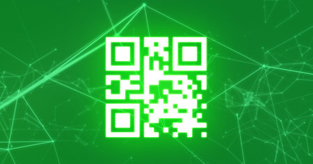 Image of qr code with white network of connections on green background. digital interface global...
